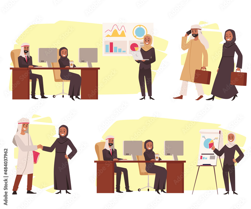 Arab business men and women work in the office, flat vector illustration isolated on white background.