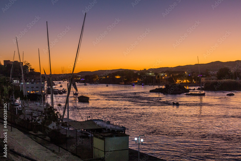 Sunset at the river Nile in Aswan, Egypt