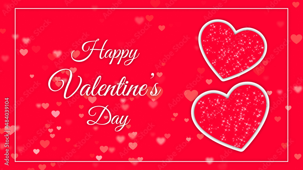 valentine background with hearts and frame, red and pink, shiny and glowing stars, happy valentine's day text