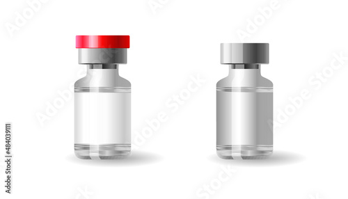Mock-up of vials for vaccine against coronavirus COVID-19. Glass bottles for medicines, injections. Flat vector illustration of container. Vaccination against virus, infection.
