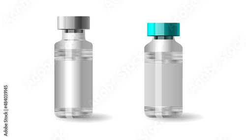Mock-up of vials for vaccine against coronavirus COVID-19. Glass bottles for medicines, injections. Flat vector illustration of container. Vaccination against virus, infection.