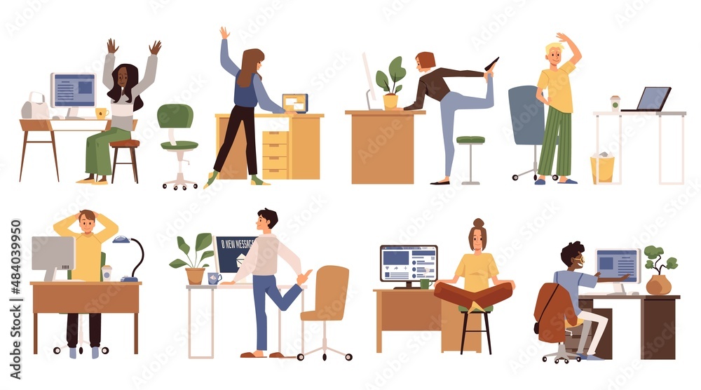 Office employees doing sports at workplace, flat vector illustration isolated.