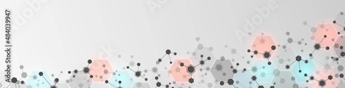 Vector halftone background frame. Pattern of hexagons, cells connected by lines. Neon glow. Plexus of molecules. Chemical science. Network technology. Poster social networks, websites, medicine.