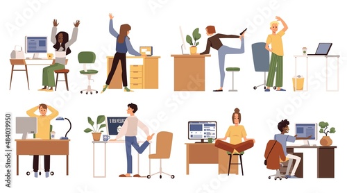 Office employees doing sports at workplace  flat vector illustration isolated.