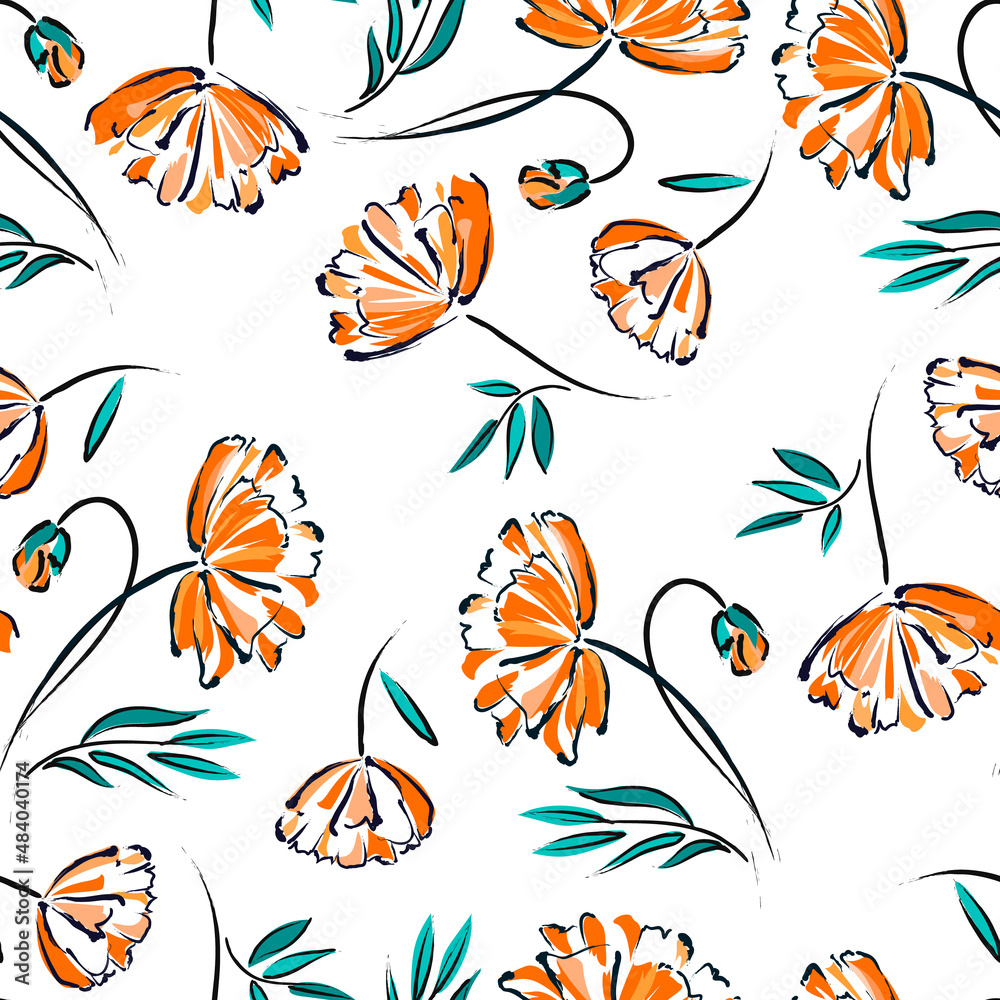 Abstract hand drawn flower and leaves. Floral design botanical seamless pattern. Sketchy drawing with black outlines and orange strokes. modern style. Vector illustration isolated on white background. Abstract hand drawn flower and leaves. Floral design botanical seamless pattern. Sketchy drawing with black outlines and orange strokes. modern style. Vector illustration isolated on white background.