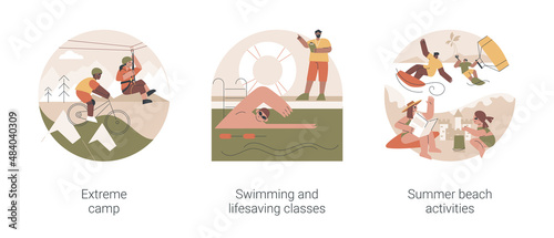 Summer sports and recreation abstract concept vector illustration set. Extreme camp, swimming and lifesaving classes, summer beach activities, adventure park, surfing and diving abstract metaphor.