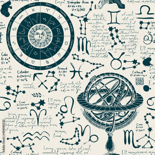 Astrological seamless pattern on the theme of horoscopes and zodiacs in retro style. Hand-drawn vector background with zodiac signs, Lorem ipsum handwritten text, sun, moon, stars, constellations