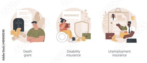 Social financial support abstract concept vector illustration set. Death grant, disability insurance, unemployment insurance, lost job, paper work, workers compensation, payment abstract metaphor.