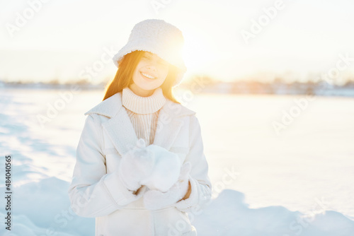 pretty woman red hair snow field winter clothes Sunny winter day Fresh air © SHOTPRIME STUDIO
