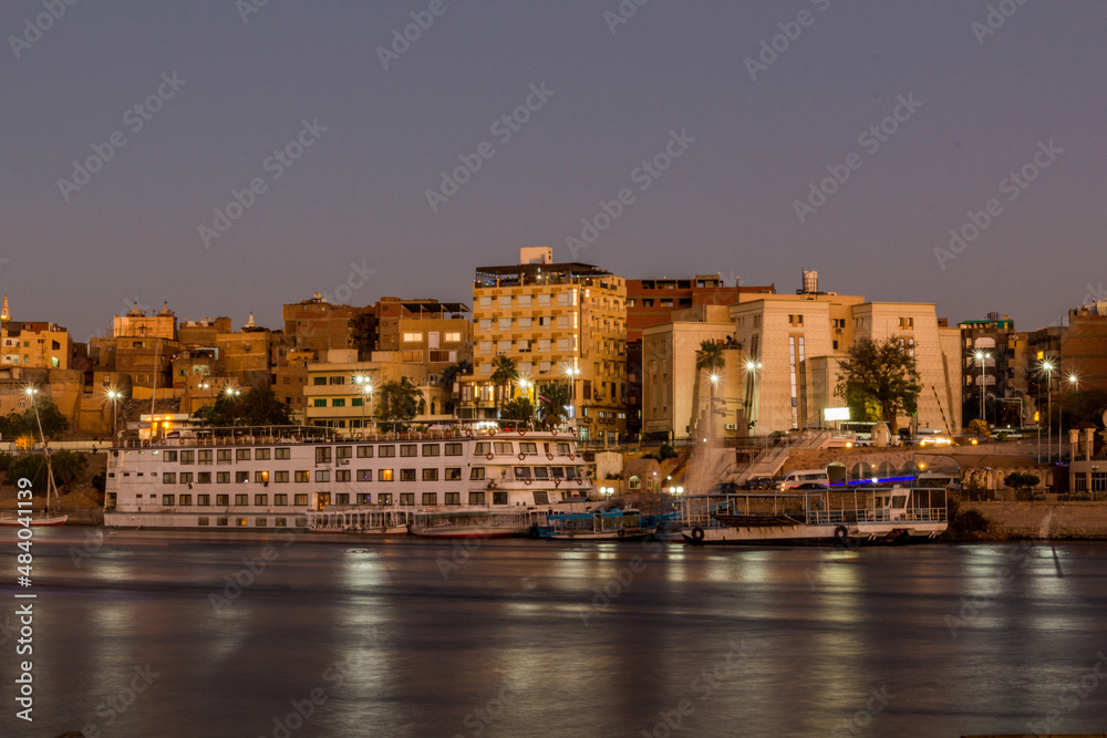 Evening view of Aswan skyline and the river Nile, Egypt