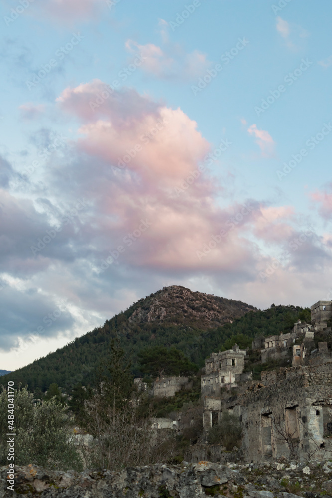 Abandoned ghost town. Top view of old city with historical structures. Fethiye Kayaköy, Turkey.	