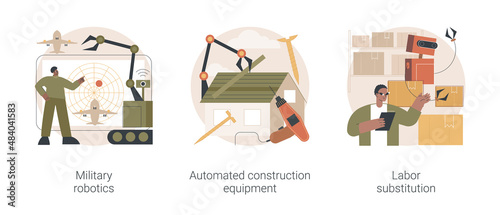 Artificial intelligence in industry abstract concept vector illustration set. Military robotics, automated construction equipment, labor substitution, smart machinery, robotization abstract metaphor.