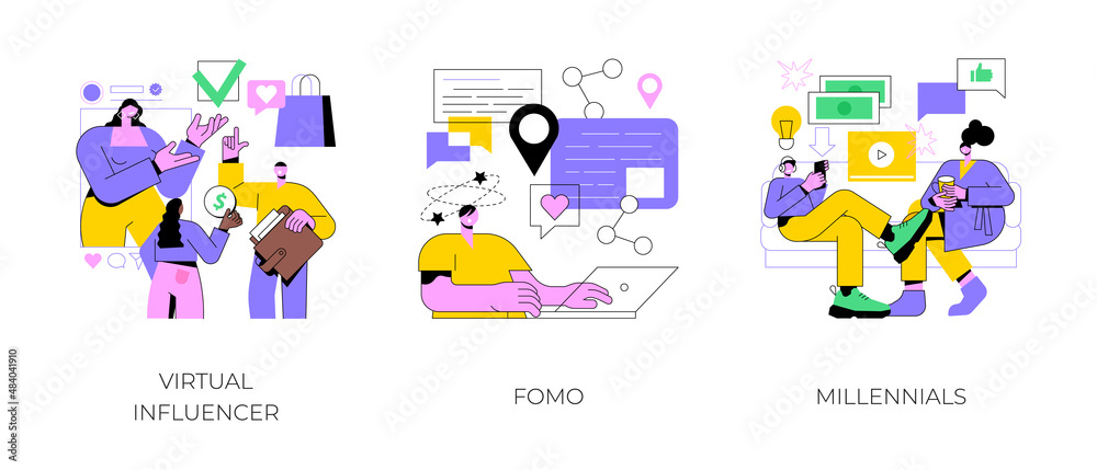Online communication abstract concept vector illustration set. Virtual influencer, FOMO, millennials generation, digital native and social media, brand avatar, fear of missing out abstract metaphor.