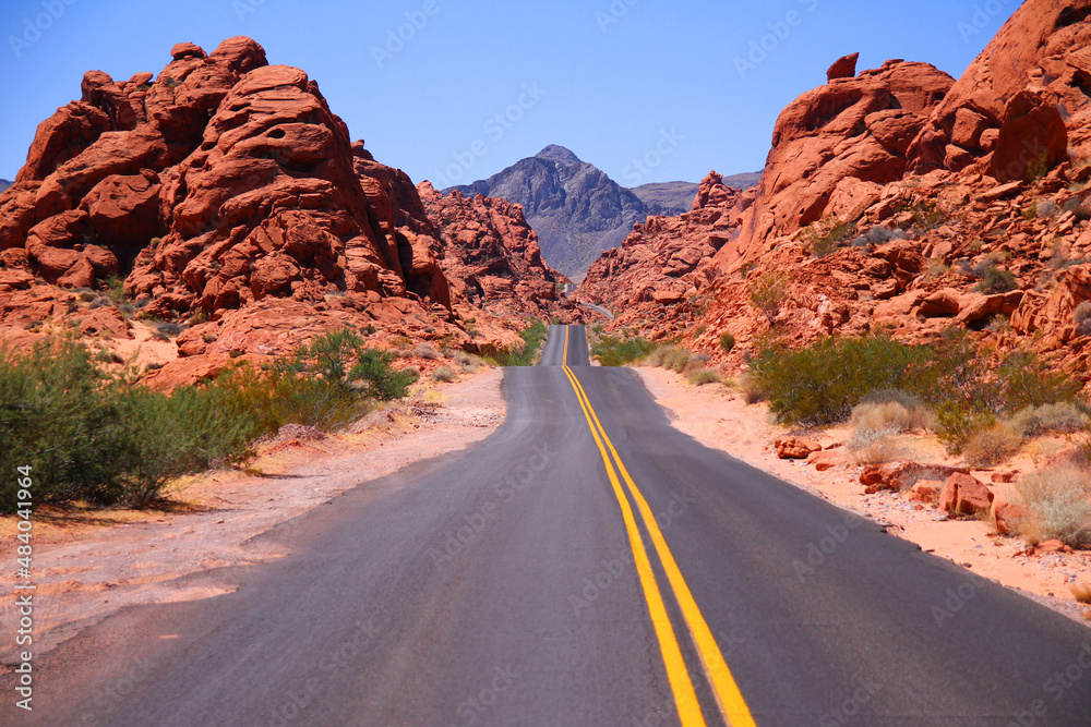The bumps of the infinite road in the red rocks canyon of the Valley of Fire