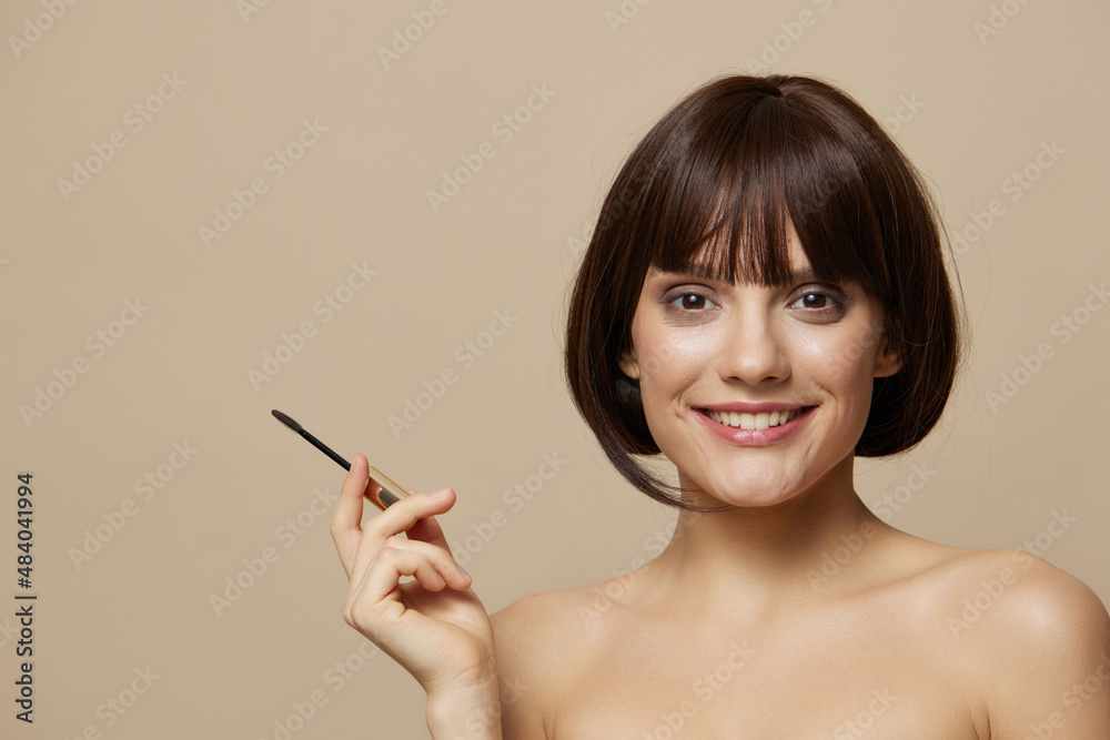 beautiful woman smile mascara charm short haircut isolated background beautiful woman smile mascara charm short haircut isolated background