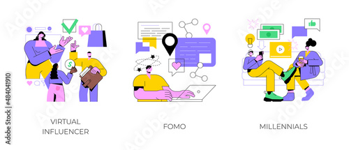 Online communication abstract concept vector illustration set. Virtual influencer, FOMO, millennials generation, digital native and social media, brand avatar, fear of missing out abstract metaphor. © Vector Juice