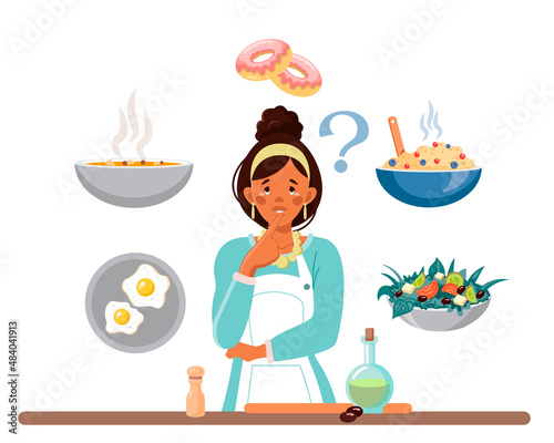 An African-American woman thinks what to cook