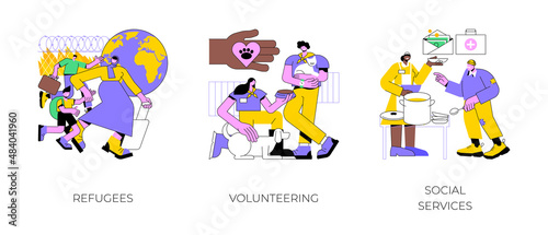 Help people abstract concept vector illustration set. Refugees, volunteering and social services, asylum seeker, immigration, welfare and child support, community organization abstract metaphor.