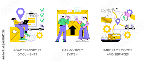 International logistics abstract concept vector illustration set. Road transport documents, harmonized system, import of goods and services, CMR, HTS code service, trading goods abstract metaphor.