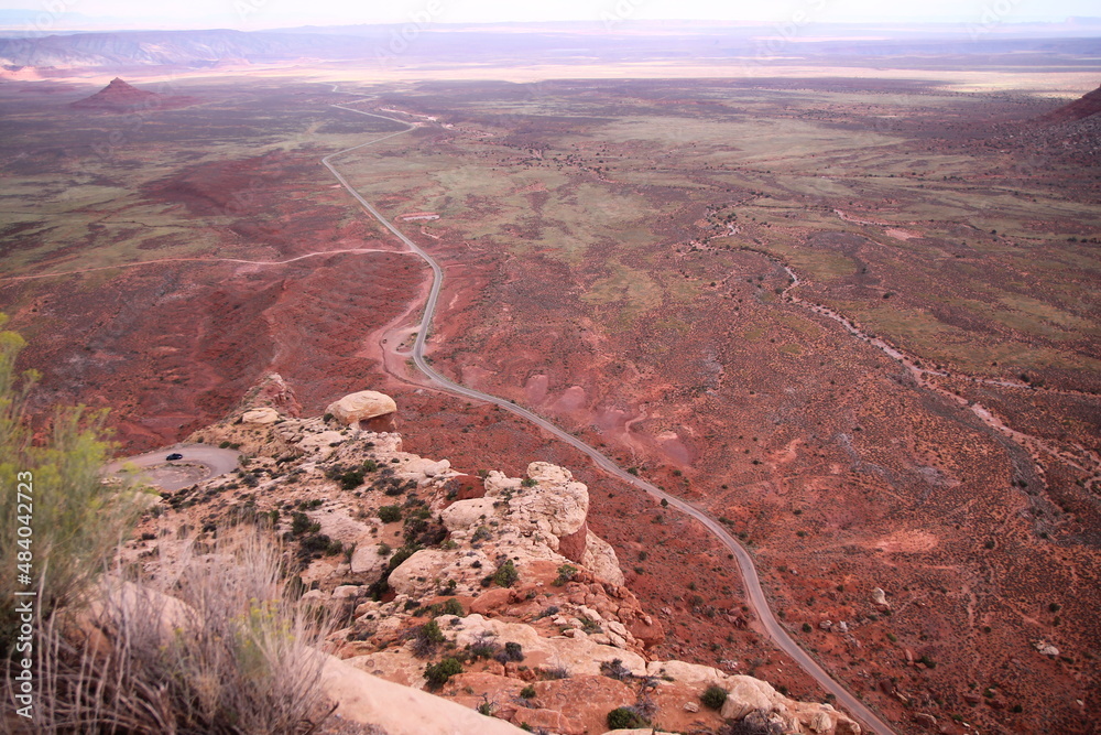 The long street crossing the red lands from the top of the Moki Dugway