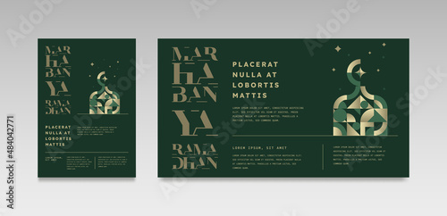 Marhaban Ya Ramadhan Greeting with hand lettering calligraphy and illustration. translation: "Welcome Ramazan, Muslim holy month". Islamic greeting background can use for Eid Mubarak