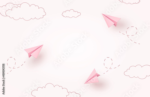 Paper flying airplanes on pink sky background. Empty postcard. Vector cartoon children planes in air for Happy Mother's, Valentine's Day greeting card design..