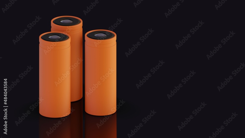 New 4680 lithium-ion cell. Innovative battery format 46mm diameter and 80mm length with a positive terminal up. High-quality 3d render.  - obrazy, fototapety, plakaty 
