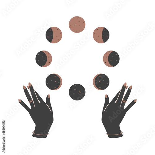 Magic woman hands with moon phases. Alchemy esoteric mystical celestial talisman. Spiritual boho occultism logo. Black silhouette of arms for witchcraft. Vector illustration