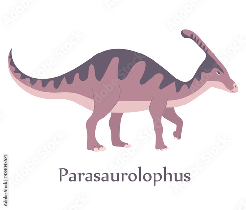 Ancient lizard parasaurolophus. Herbivorous dinosaur of the Jurassic meriod. on the head is a large horn. Vector isolated cartoon illustration