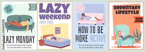 Set of posters with lazy people laying on sofa or bed, reading book and eating - flat vector illustration.