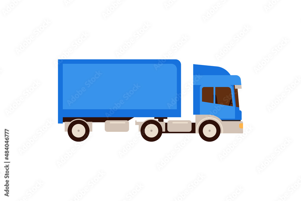 Blue delivery truck cartoon flat vector icon. Commercial van car for shipping boxes and goods.