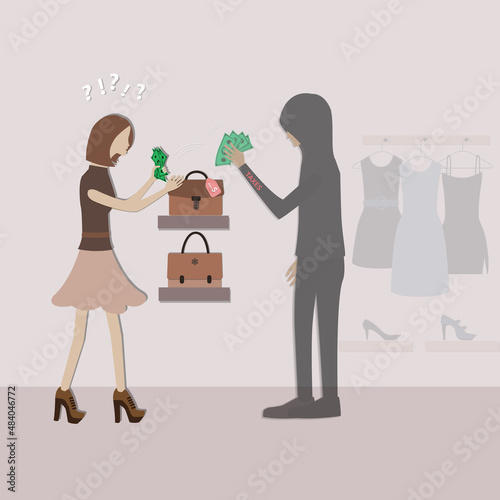 Flat design of  business finance,Young girl with money was robbed by taxes - vector