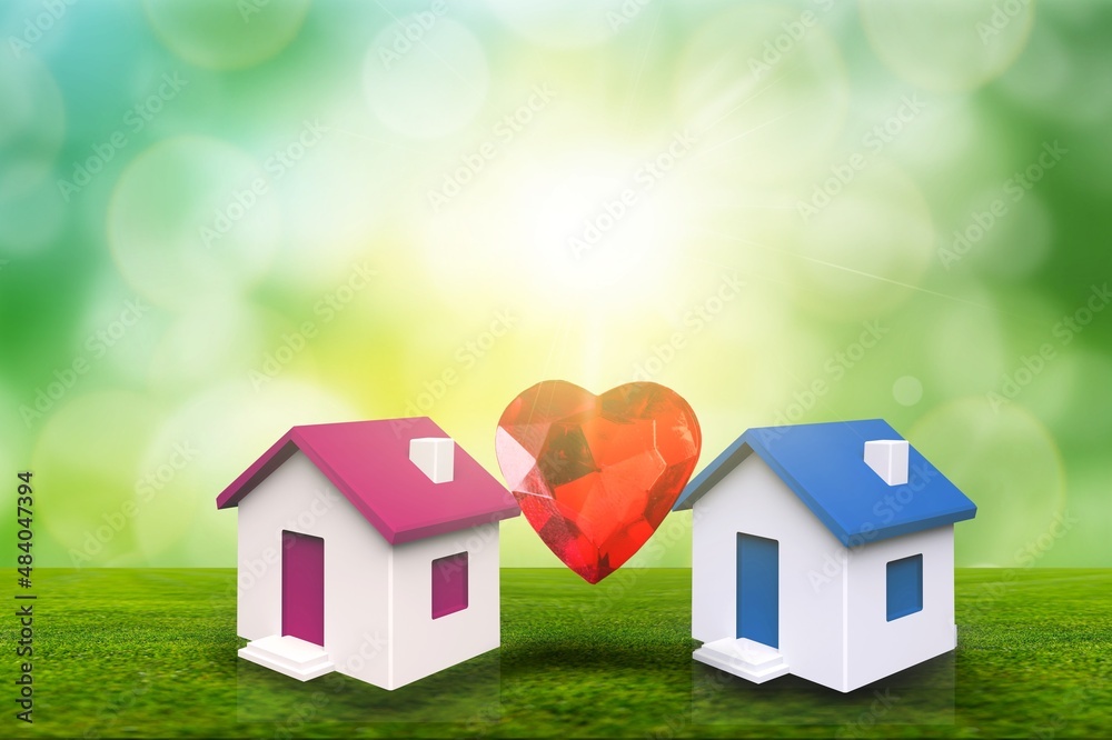 Love heart between two house model for stay at home for healthy community together Love heart between two house model for stay at home for healthy community together