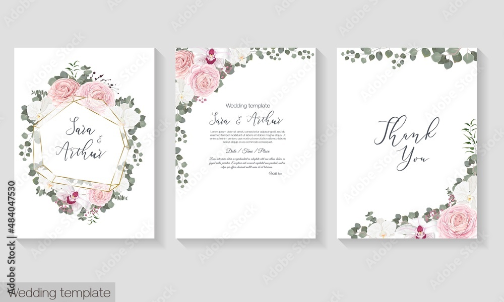 Vector floral template for wedding invitations. Pink roses, white orchids, berries, gypsophila, eucalyptus, green plants and flowers. Postcard for your text.