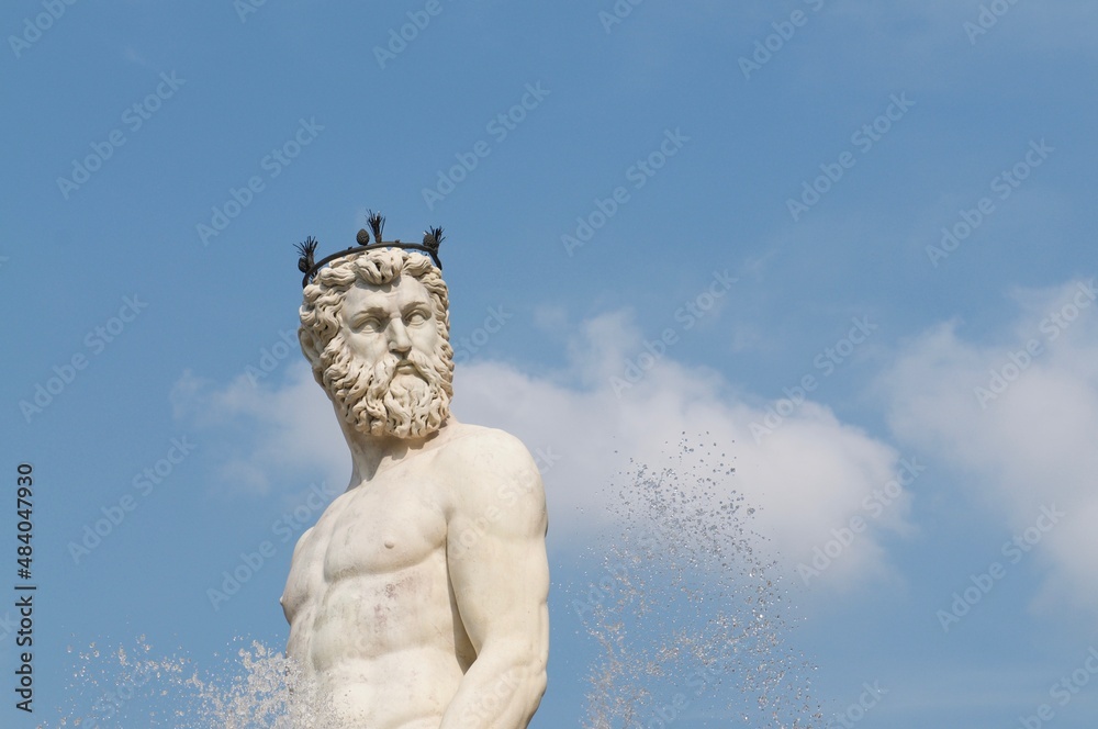 Close up of Neptune marble statue at Piazza della Signoria in Florence