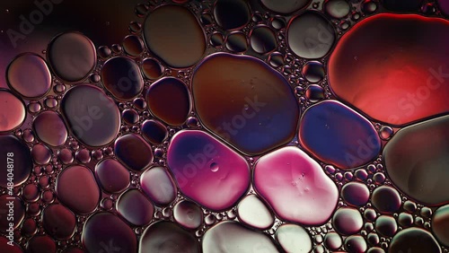 Abstract Colorful Food Oil Drops Bubbles and spheres Flowing on Water Surface, macro Videography