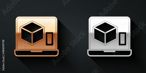 Gold and silver 3D printer icon isolated on black background. 3d printing. Long shadow style. Vector