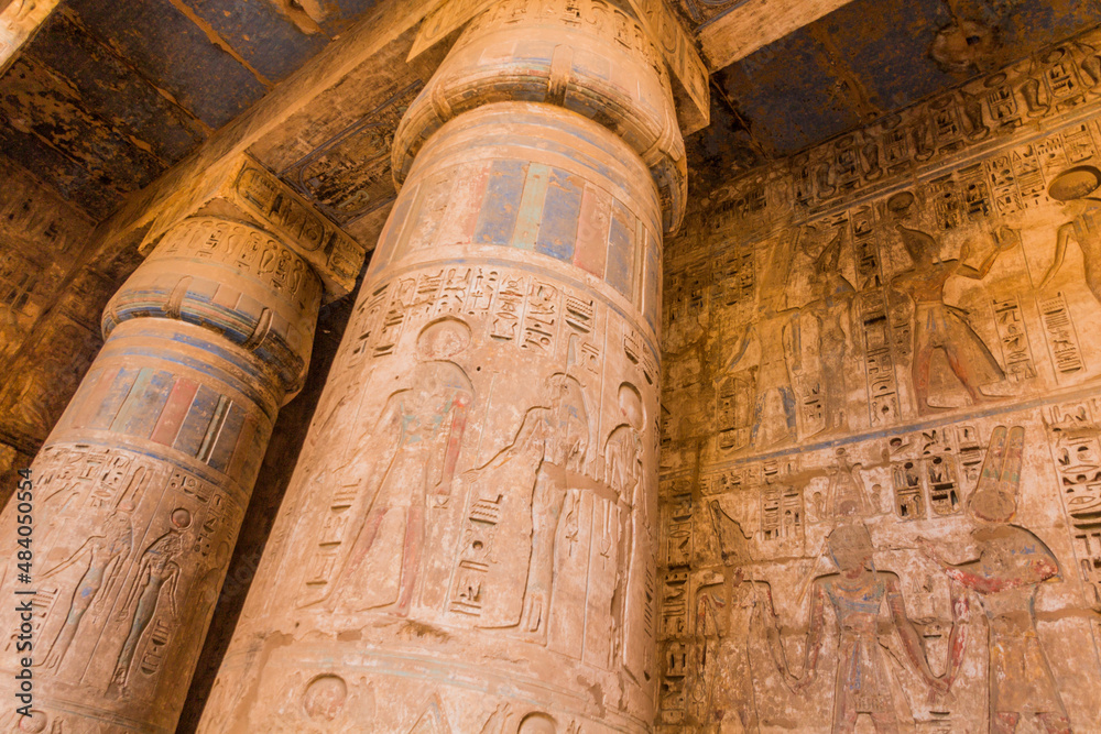 Decorated columns of Medinet Habu (Mortuary temple of Ramesses III) at the Theban Necropolis, Egypt