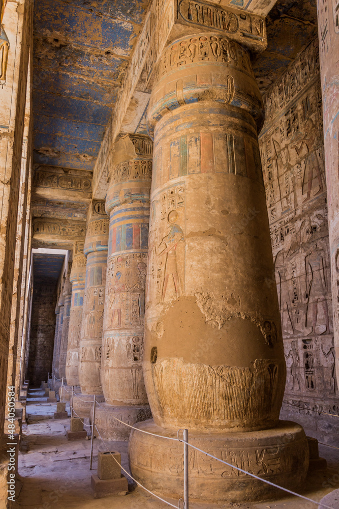 Decorated columns of Medinet Habu (Mortuary temple of Ramesses III) at the Theban Necropolis, Egypt