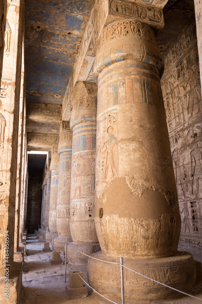 Decorated columns of Medinet Habu (Mortuary temple of Ramesses III) at the Theban Necropolis, Egypt Decorated columns of Medinet Habu (Mortuary temple of Ramesses III) at the Theban Necropolis, Egypt