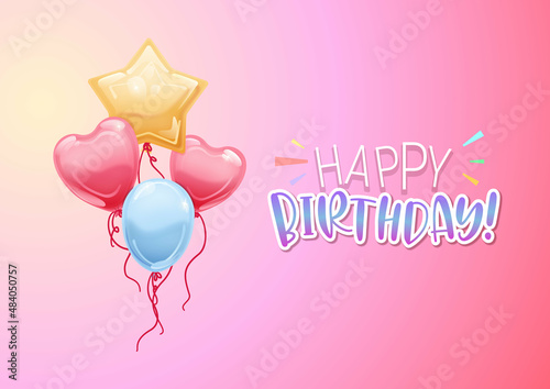 Kartka urodzinowa z napisem "Happy Birthday". Balony w kształcie serca i w kształcie gwiazdki. Ilustracja imprezowych balonów wypełnionych helem w radosnych kolorach.