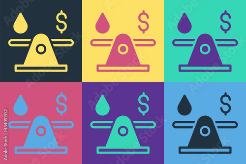 Pop art Oil exchange, water transfer, convert icon isolated on color background. Vector