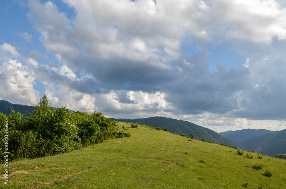 
Beautiful view on grassy field of highlands and rolling hills on summer sunny day with cloudy sky. Carpathian Mountains, Ukraine