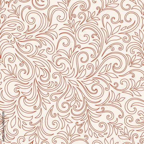 Elegant seamless pattern with leaves and curls. Luxury floral background. Vector illustration.