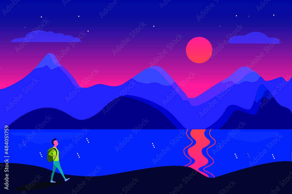 Obraz premium Vector Paisaje, senderismo al atardecer, puesta de sol en las montañas