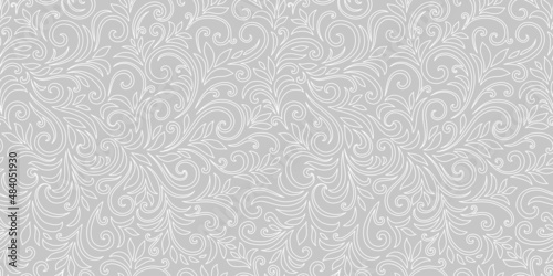 Elegant seamless pattern with leaves and curls. Luxury floral background. Vector illustration.