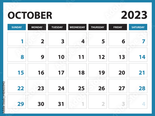 October 2023 Calendar Printable, Calendar 2023 template, planner design, Desk calendar 2023 template, Wall calendar, organizer office, Simple calendar, week starts on sunday, vector eps 10