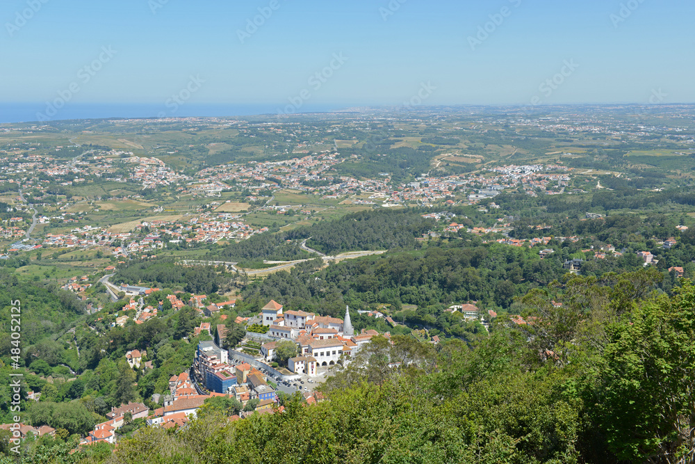 Aerial view of town of Sintra and landscape from top of Castle of the Moors, Sintra, Lisbon District, Portugal. 