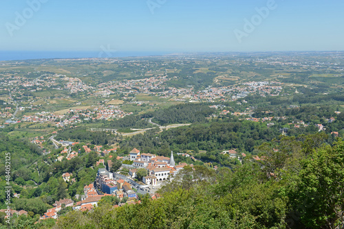 Aerial view of town of Sintra and landscape from top of Castle of the Moors, Sintra, Lisbon District, Portugal. 