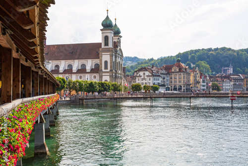 Luzern Lucerne Waterfront view from Chapel Bridge in Switzerland